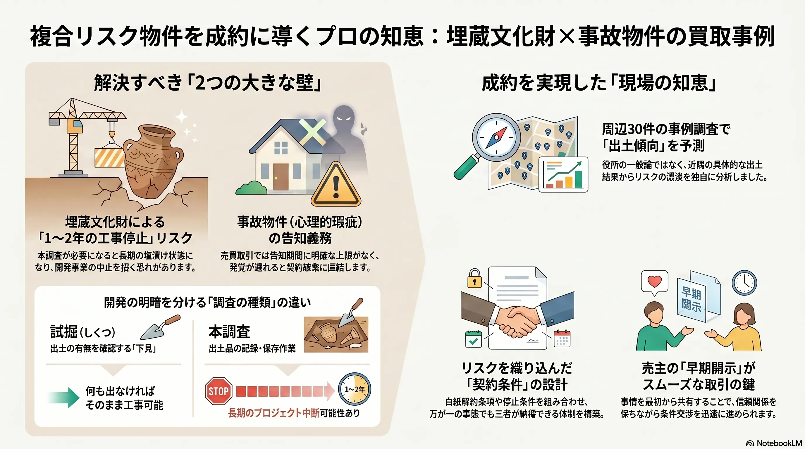 複合リスク物件を成約に導くプロの知恵（埋蔵文化財×事故物件の買取事例）：本調査に進むと1〜2年の工事停止につながる埋蔵文化財のリスクと、売買では告知期間に明確な上限がない事故物件の告知義務という2つの壁、出土の有無を確認する「試掘」と出土品の記録・保存に長期を要する「本調査」の違い、周辺30件の事例調査で出土傾向を予測し・白紙解約条項などリスクを織り込んだ契約条件を設計し・売主の早期開示で信頼関係を保つという成約を実現した現場の知恵の整理
