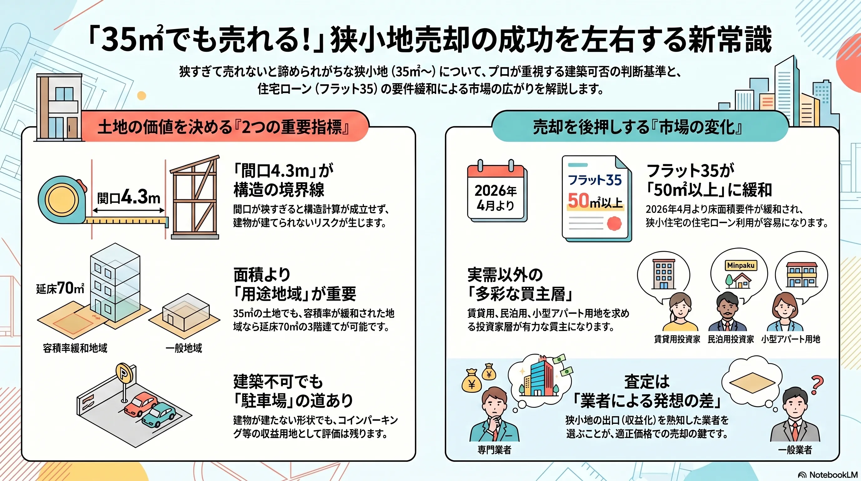 「35㎡でも売れる」狭小地売却の成功を左右する新常識。土地の価値を決める2つの重要指標として、構造の境界線となる「間口4.3m」と、面積より優先される「用途地域」（容積率の緩い地域なら35㎡でも延床70㎡の3階建てが可能）、建築できない土地でも月極・コインパーキングなど駐車場用地として評価が出ること、2026年4月からフラット35が床面積50㎡以上に緩和され買主が広がること、賃貸経営・民泊・小型アパートなど実需以外の多彩な買主層、用途地域や間口を踏まえて適正に評価できる業者による発想の差の整理