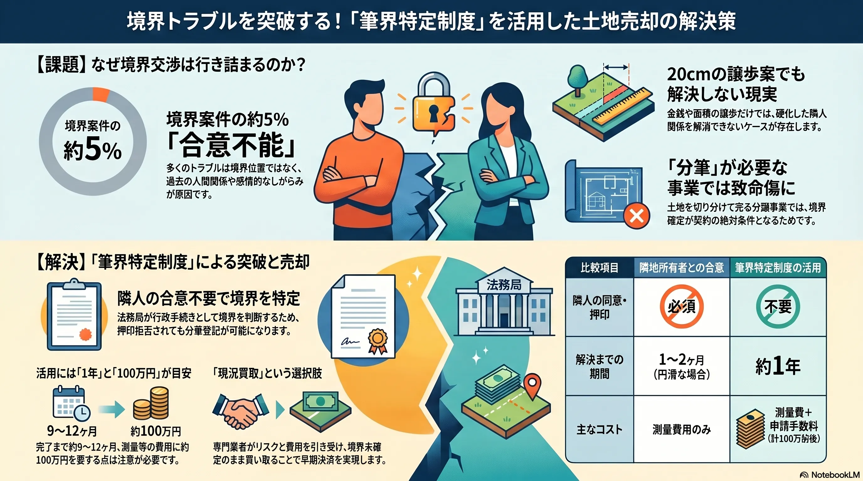 境界トラブルを突破！「筆界特定制度」を活用した土地売却の解決策。課題として、境界案件の約5%が「合意不能」となり、20cmの譲歩案でも解決しない硬化した隣人関係や、分筆が必要な事業では境界確定が決済の前提になり致命傷になる現実がある。解決として、筆界特定制度なら隣人の合意・押印が「不要」（通常は必須）で法務局が境界を特定でき、解決までは約1年（隣地合意で済むなら1〜2ヶ月）、活用には測量費用として100万円前後が目安。さらに「現況買取」という選択肢で専門業者がリスクを引き受け、現況のまま買い取る方法を整理