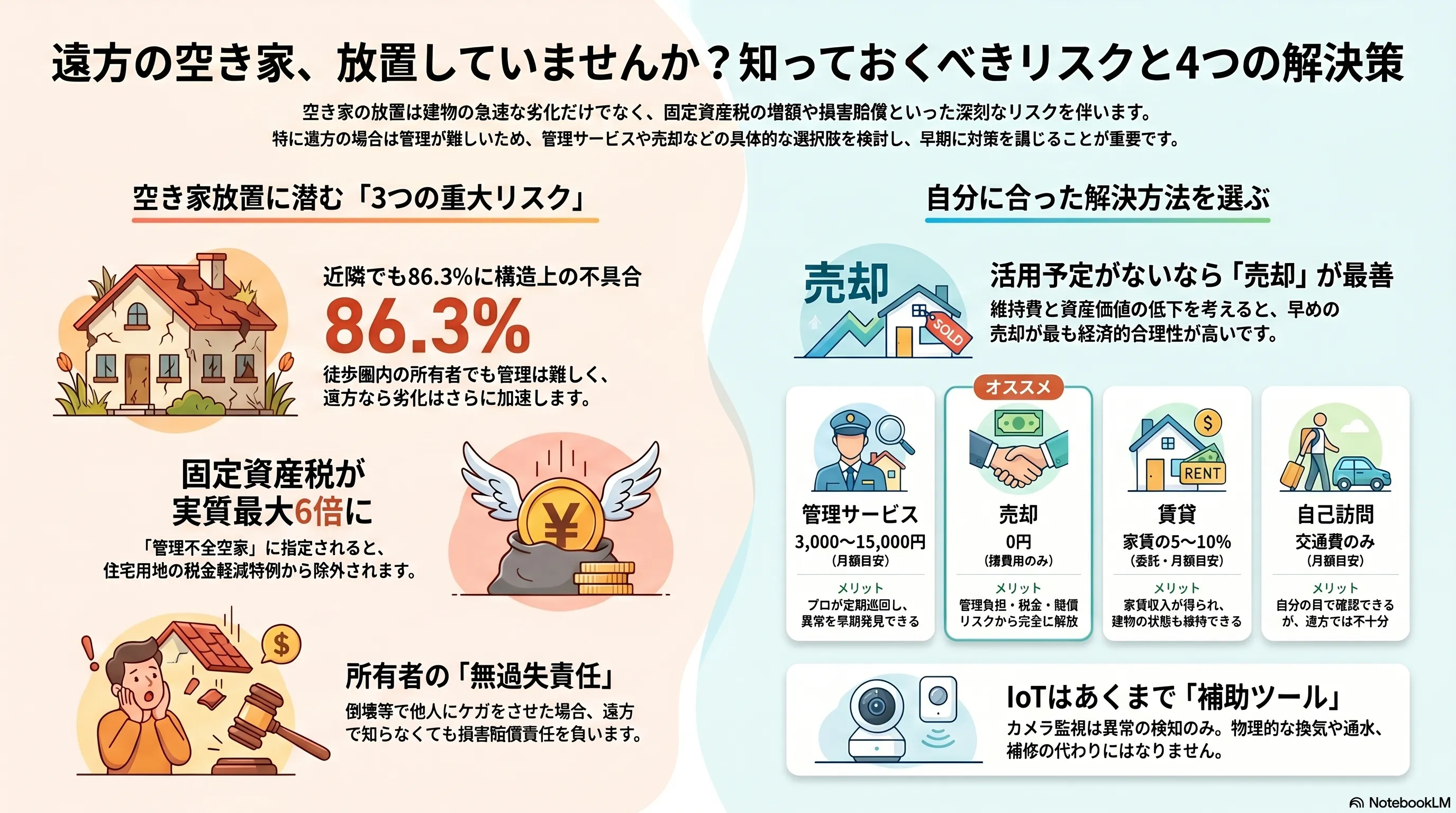 遠方の空き家、放置していませんか？知っておくべきリスクと4つの解決策。空き家放置に潜む3つの重大リスクとして、近場の所有者でも86.3%の建物に構造上の不具合、固定資産税が実質最大6倍に（管理不全空家の指定で住宅用地特例が除外）、所有者の無過失責任（倒壊で他人にケガをさせると遠方でも損害賠償責任）。自分に合った解決方法を選ぶとして、管理サービス（月3,000〜15,000円）・売却（0円・おすすめ）・賃貸（家賃の5〜10%）・自己訪問の比較、活用予定がないなら「売却」が最善（維持費と資産価値の低下を考えると早期売却が最も経済的合理性が高い）、IoTはあくまで補助ツールという整理