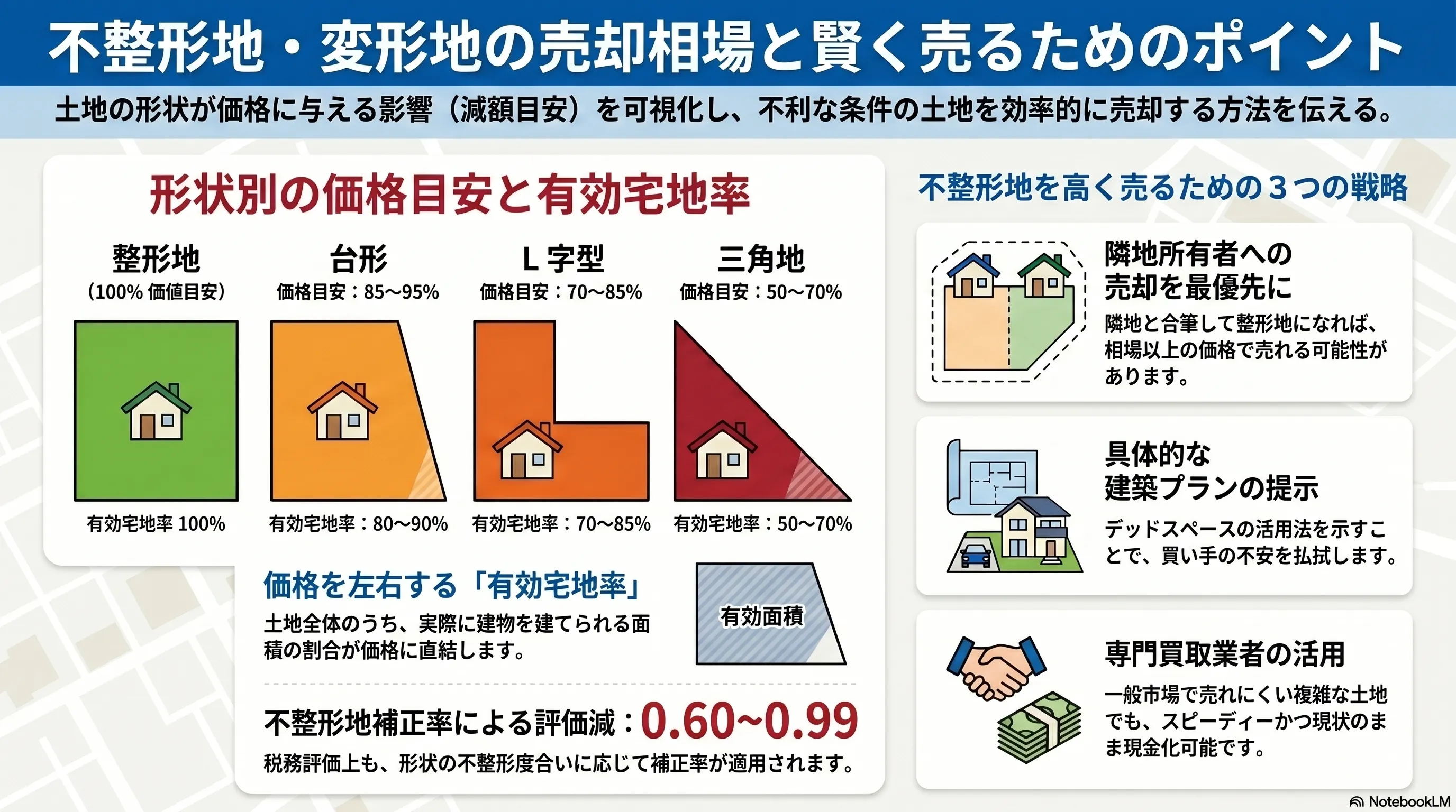 不整形地・変形地の売却相場と賢く売るためのポイント。形状別の価格目安と有効宅地率は、整形地が100%（有効宅地率100%）、台形が85〜95%（80〜90%）、L字型が70〜85%（70〜85%）、三角地が50〜70%（50〜70%）。価格を左右するのは「有効宅地率」（実際に建物を建てられる面積の割合が価格に直結）で、不整形地補正率による評価減は0.60〜0.99。高く売るための3つの戦略として、隣地所有者への売却を最優先（一体化で整形地になれば相場以上で売れる可能性）、デッドスペースの活用法を示す具体的な建築プランの提示、スピーディーに現金化できる専門買取業者の活用を整理