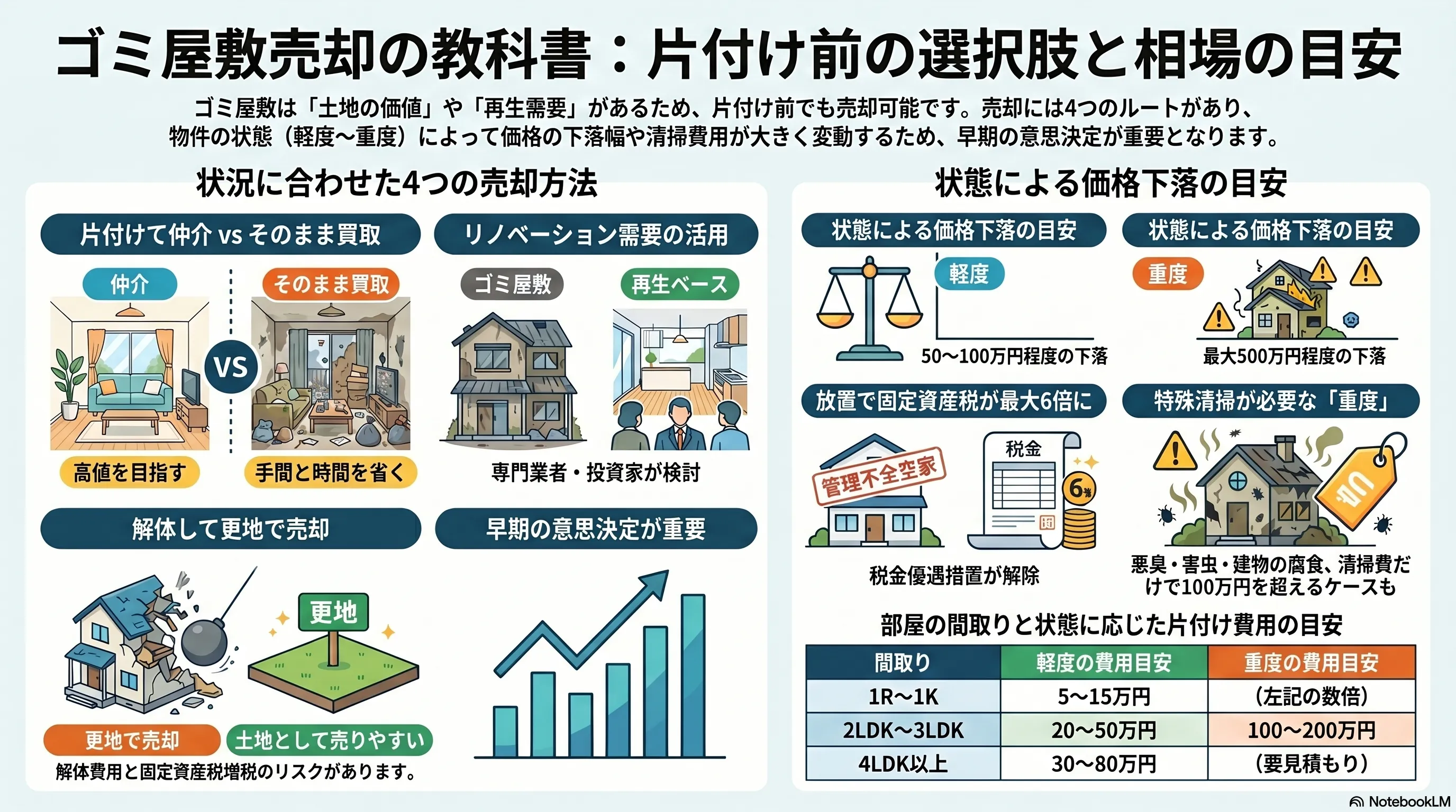 ゴミ屋敷売却の教科書：片付け前の選択肢と相場の目安。片付けて仲介・そのまま買取・リノベーション需要の活用・解体して更地売却という4つの売却方法の比較、軽度（50〜100万円程度の下落）と重度（最大500万円程度の下落・特殊清掃や固定資産税最大6倍のリスク）という状態別の価格下落の目安、1R〜1Kで5〜15万円・2LDK〜3LDKで20〜200万円・4LDK以上で30〜80万円という間取り別の片付け費用の整理