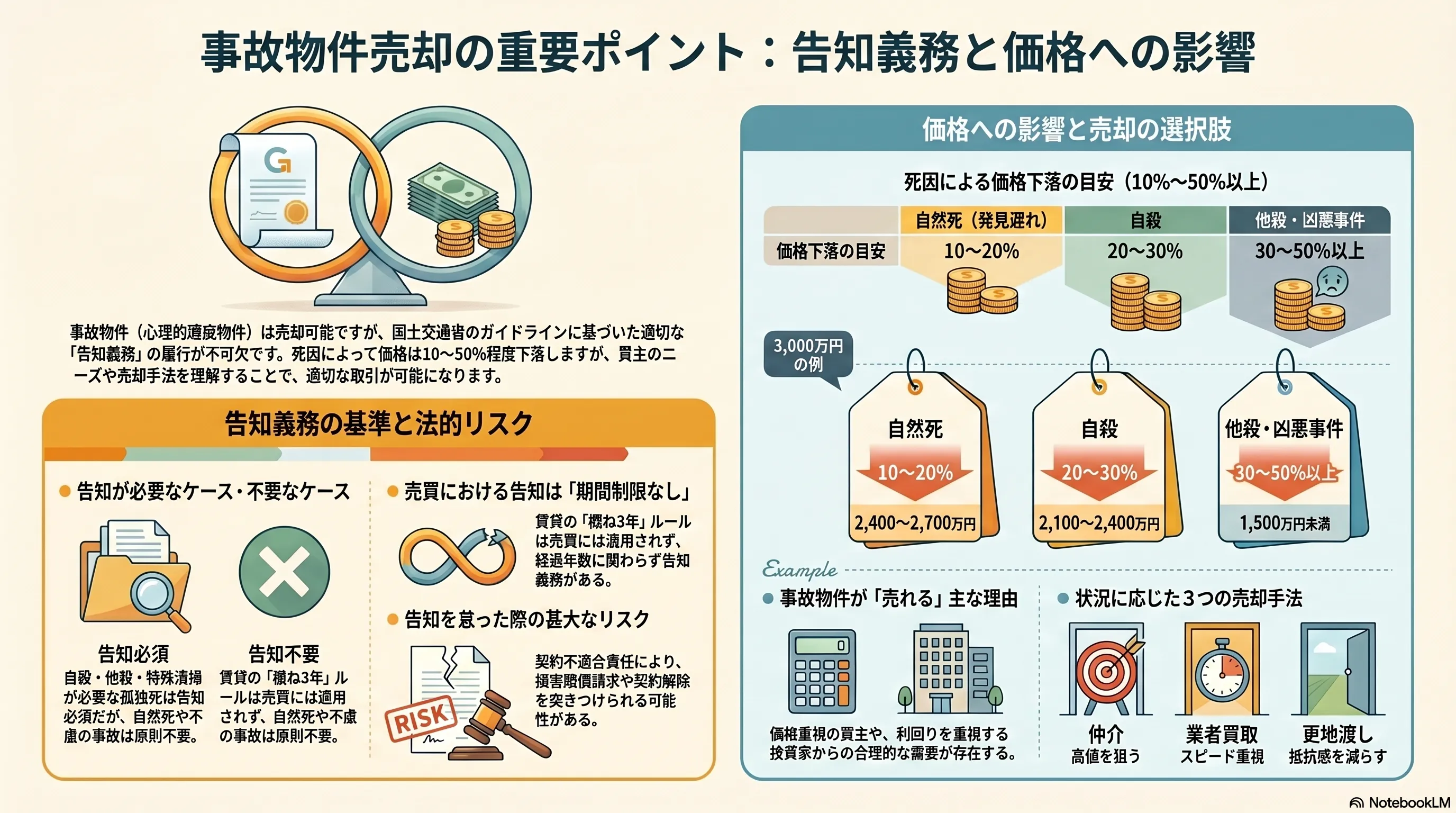 事故物件売却の重要ポイント：告知義務の基準と法的リスク（売買は期間制限なし）、死因別の価格下落目安（自然死10〜20%・自殺20〜30%・他殺30〜50%以上）、状況に応じた3つの売却手法（仲介・業者買取・更地売却）の整理