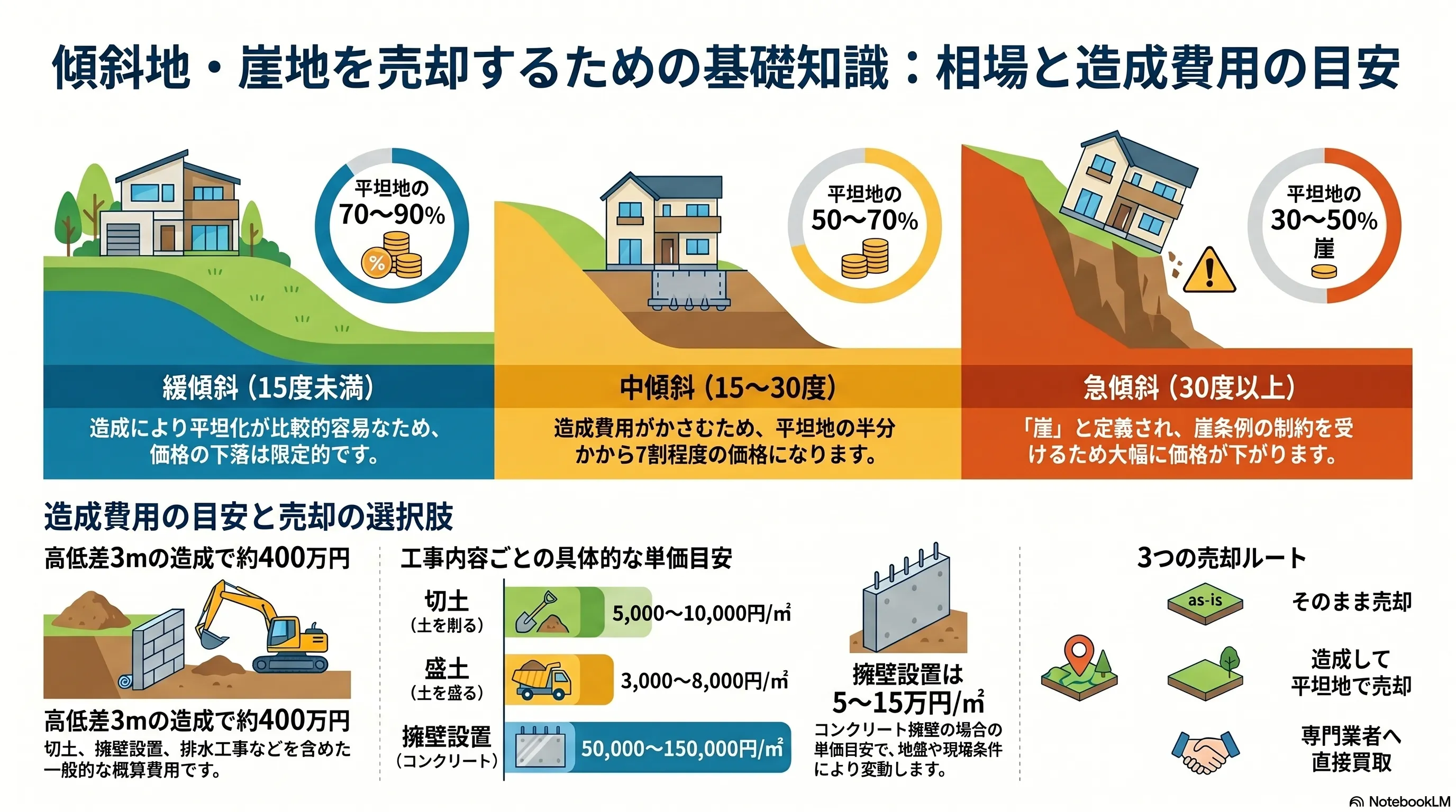 傾斜地・崖地を売却するための基礎知識（相場と造成費用の目安）：緩傾斜（15度未満）は平坦地の70〜90%・中傾斜（15〜30度）は50〜70%・急傾斜（30度以上）は崖条例の制約を受け30〜50%という傾斜の程度別の価格相場、高低差3mの造成で約400万円という費用感と切土5,000〜10,000円/㎥・盛土3,000〜8,000円/㎥・コンクリート擁壁50,000〜150,000円/㎡という工事別の単価目安、そのまま売却・造成して平坦地で売却・専門業者に直接売却という3つの売却ルートの整理