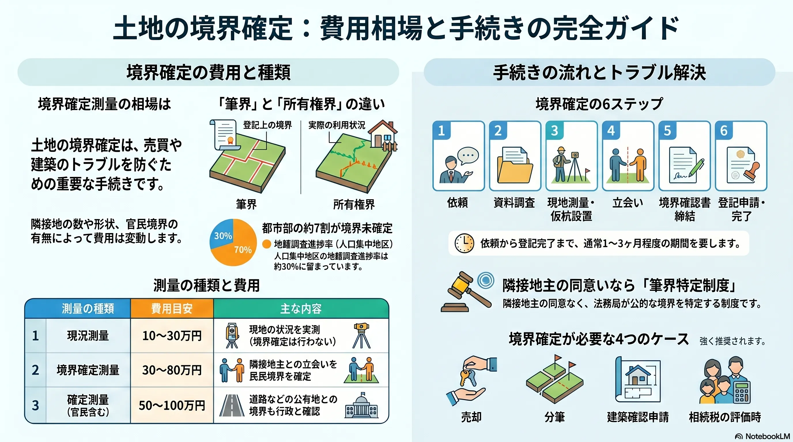 土地の境界確定：費用相場と手続きの完全ガイド。現況測量10〜30万円・境界確定測量30〜80万円・官民を含む確定測量50〜100万円という測量の種類別費用、登記上の「筆界」と実際の利用実態である「所有権界」の違い、都市部の約7割が公的な境界確認を終えていない現状、依頼から資料調査・立会い・境界確認書の締結・登記申請・完了までの6ステップ（通常1〜3ヶ月）、隣地所有者の同意が得られなくても境界を特定できる筆界特定制度、売却・分筆・建築確認申請・相続税評価という境界確定が必要な4つのケースの整理