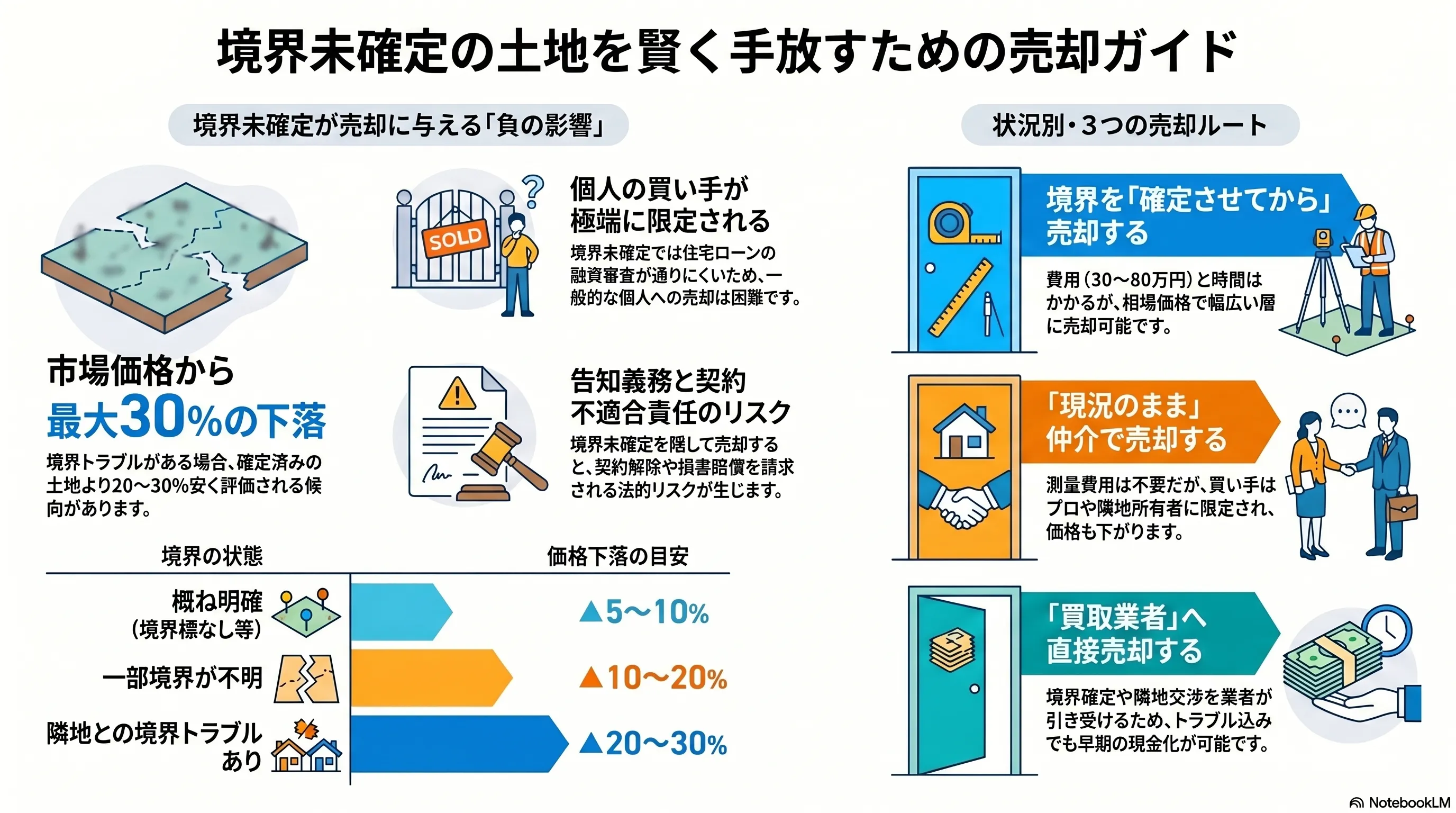 境界未確定の土地を賢く手放すための売却ガイド：価格下落の目安と3つの売却ルート