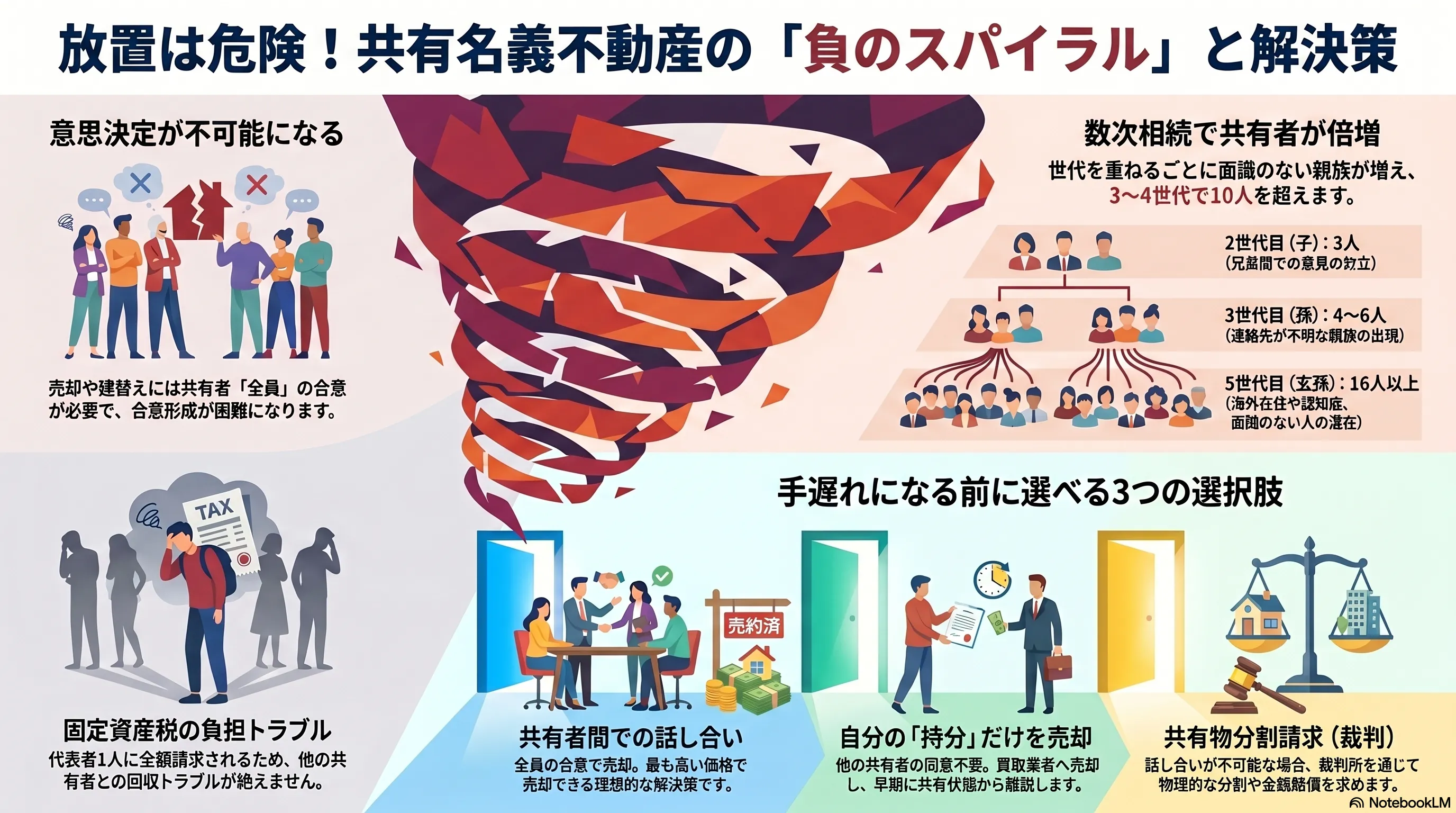 共有名義不動産の負のスパイラルと解決策：意思決定不可（全員合意が必要）、数次相続による共有者の倍増（5世代で16人以上）、固定資産税の代表者一括請求といった放置リスクと、共有者間の話し合い・自分の持分だけ売却・共有物分割請求（裁判）という3つの選択肢の整理