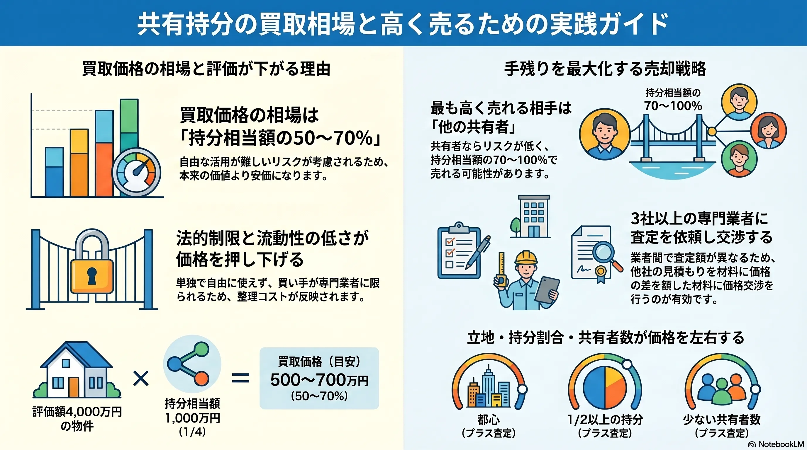 共有持分の買取相場と高く売るための実践ガイド。買取価格の相場と評価が下がる理由として、相場は持分相当額の50〜70%（評価額4,000万円の物件で1/4持分なら買取価格の目安は500〜700万円）、自由な活用が難しいリスクに加え、法的制限・流動性の低さ・整理コストが価格を押し下げる。手残りを最大化する売却戦略として、最も高く売れる相手は「他の共有者」（持分相当額の70〜100%）、3社以上の専門業者に査定を依頼して交渉する、立地・持分割合・共有者数（都心・1/2以上の持分・少ない共有者数がプラス査定）が価格を左右する点を整理