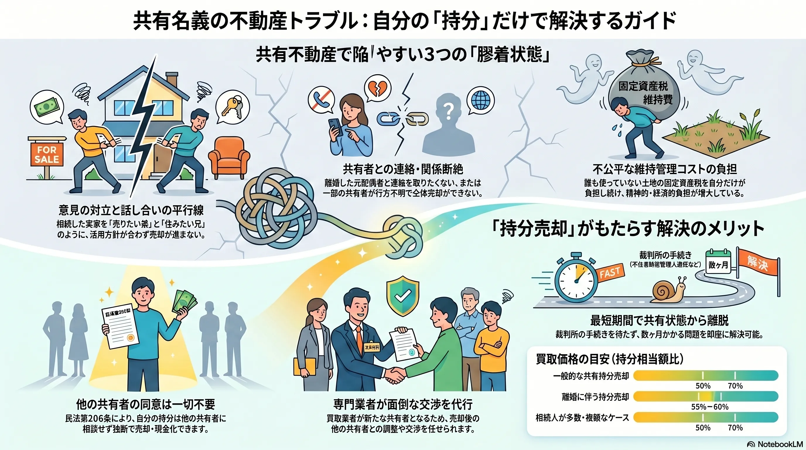 共有名義の不動産トラブルを自分の「持分」だけで解決するガイド:意見対立による話し合いの平行線・共有者との連絡や関係の断絶・不公平な維持管理コストの負担という陥りやすい3つの膠着状態、他の共有者の同意が一切不要(民法第206条)・専門業者が交渉を代行・裁判所の手続きで最短数ヶ月で共有状態から離脱という持分売却のメリット、一般的な持分売却で持分相当額の50〜70%・離婚に伴う売却で55〜60%という買取価格の目安の整理