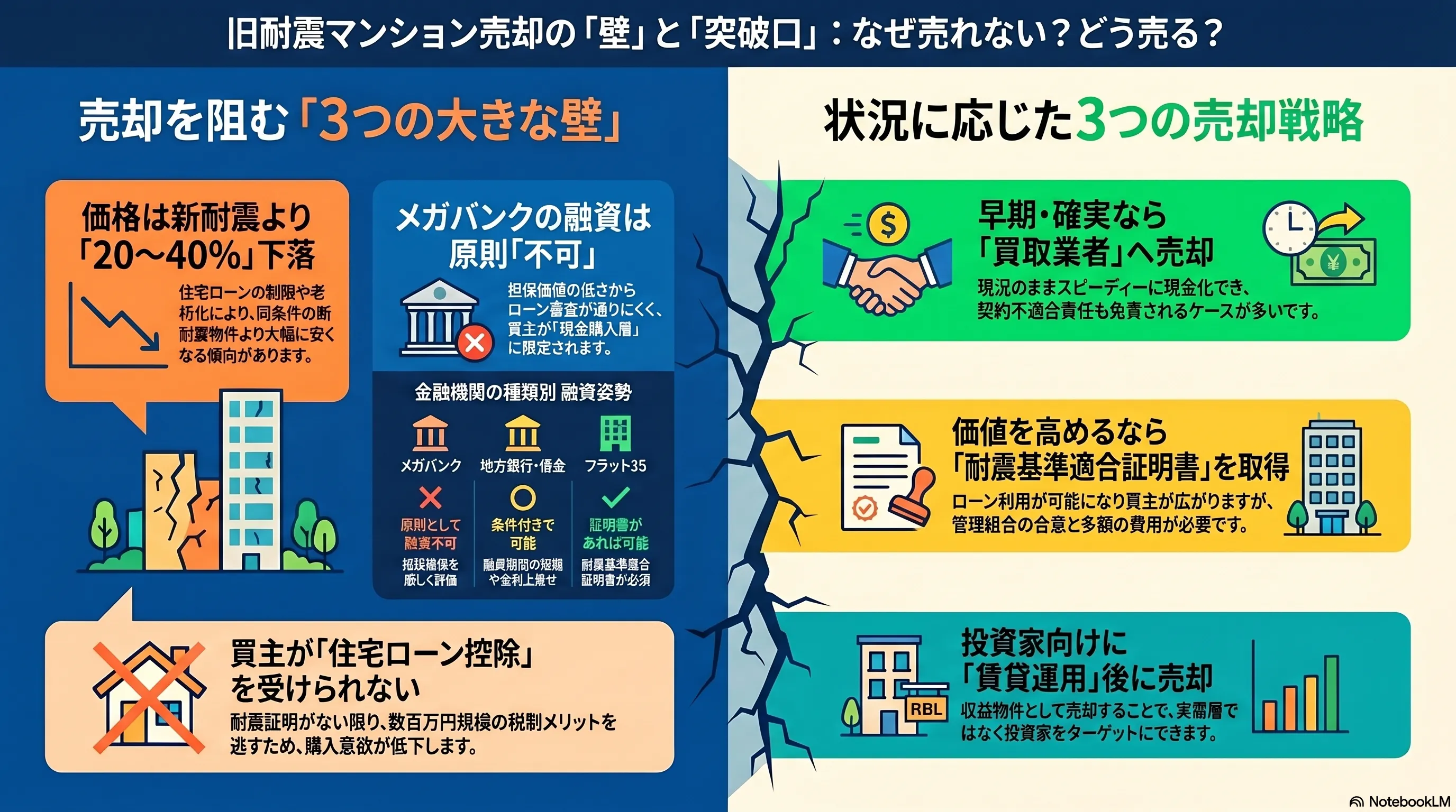 旧耐震マンション売却の壁と戦略：住宅ローン審査の壁、価格下落の目安、現況売却・適合証明書取得・買取業者・賃貸運用の4つの選択肢