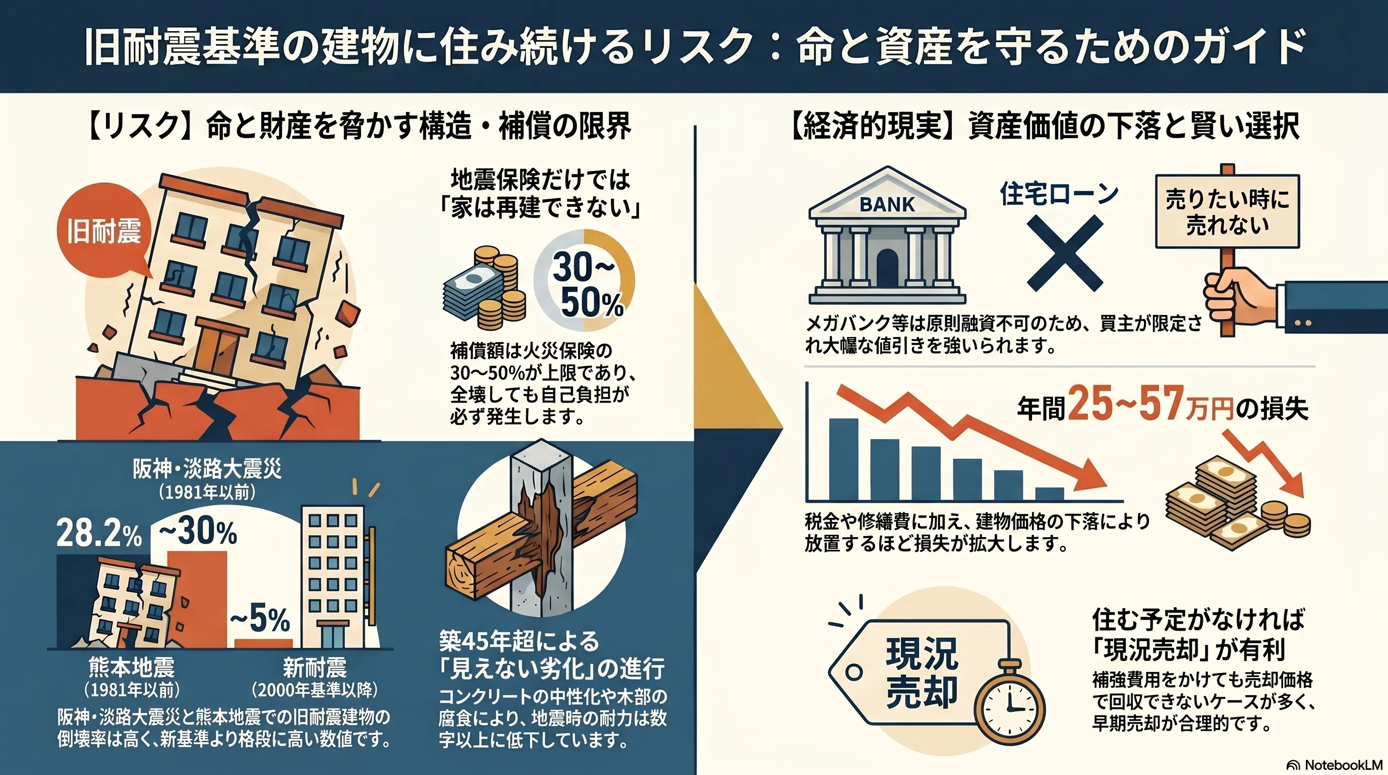 旧耐震基準の建物に住み続けるリスクと賢い選択：地震保険は火災保険の30〜50%までで全壊しても「家を再建できない」補償の限界、阪神・淡路大震災約30%・熊本地震28.2%という旧耐震の倒壊率、築45年超の劣化進行といった命と財産を脅かすリスクと、住宅ローンが使えず買主が限定される・年間25〜57万円の維持コストが発生する・住む予定がなければ現況売却が有利になるという経済的現実の整理