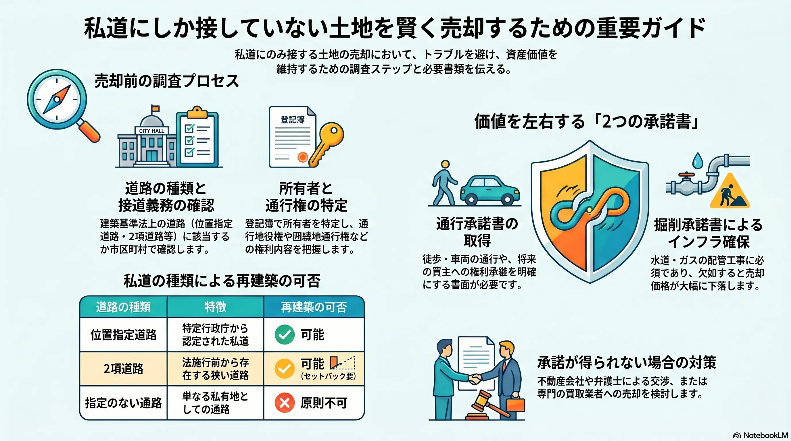 私道にしか接していない土地を賢く売却するための重要ガイド：道路の種類と接道義務の確認・所有者と通行権の特定という売却前の調査プロセス、人や車の通行を認める通行承諾書とインフラ確保のための掘削承諾書という価値を左右する2つの承諾書、位置指定道路・2項道路・指定のない通路ごとの再建築の可否、承諾が得られない場合は不動産会社や弁護士を介した交渉・買取業者への売却を検討するという対策の整理