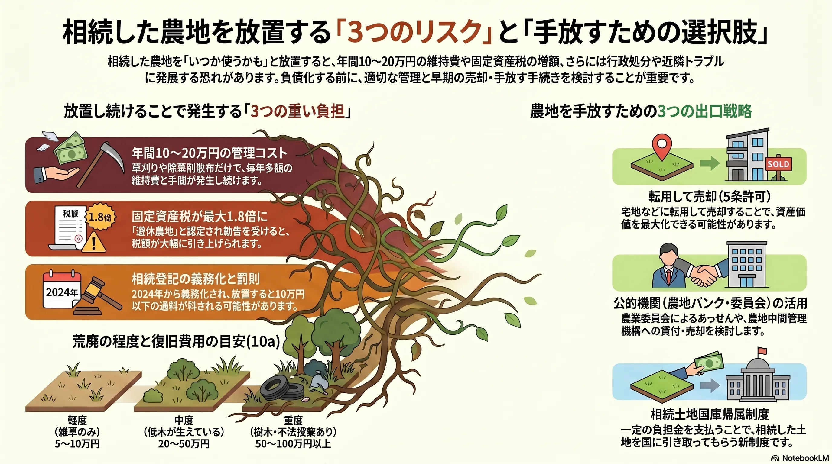 相続農地の放置リスクと選択肢：固定資産税の負担増、農業委員会からの指導、近隣トラブル、相続登記義務化など5つのリスクと、農地転用売却・農地のまま売却・農業委員会あっせん・農地中間管理機構・相続土地国庫帰属制度の5つの選択肢