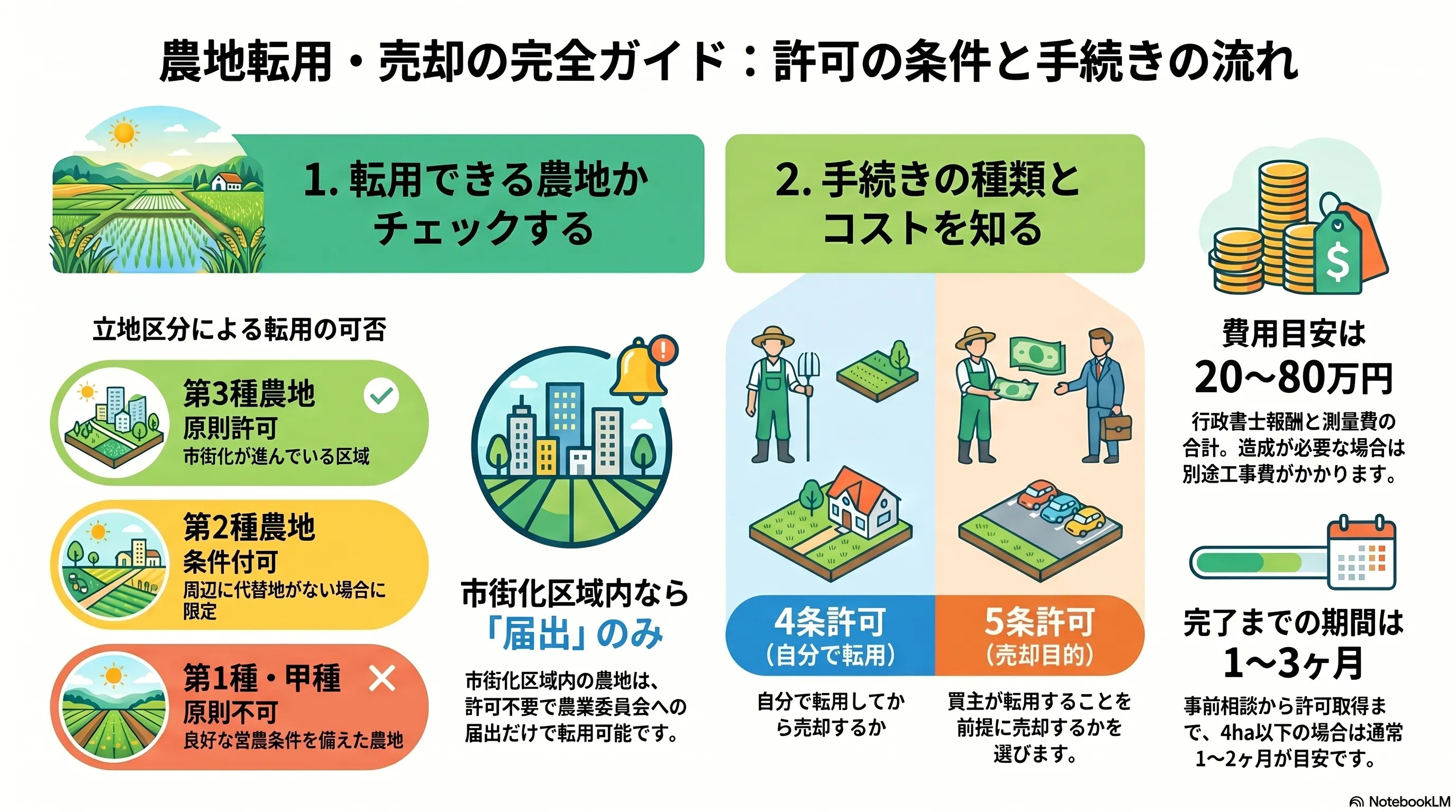 農地転用・売却の完全ガイド：許可の条件と手続きの流れ。立地区分による転用の可否（市街化が進む第3種農地は原則許可・周囲に代替地がない場合の第2種は条件付き・優良な第1種や甲種は原則不可）、市街化区域内の農地は許可不要で届出のみで済むこと、自分で転用してから売る4条許可と転用目的の買主に売る5条許可の違い、行政書士報酬と測量を含めた費用目安20〜80万円、完了までの期間1〜3ヶ月の整理