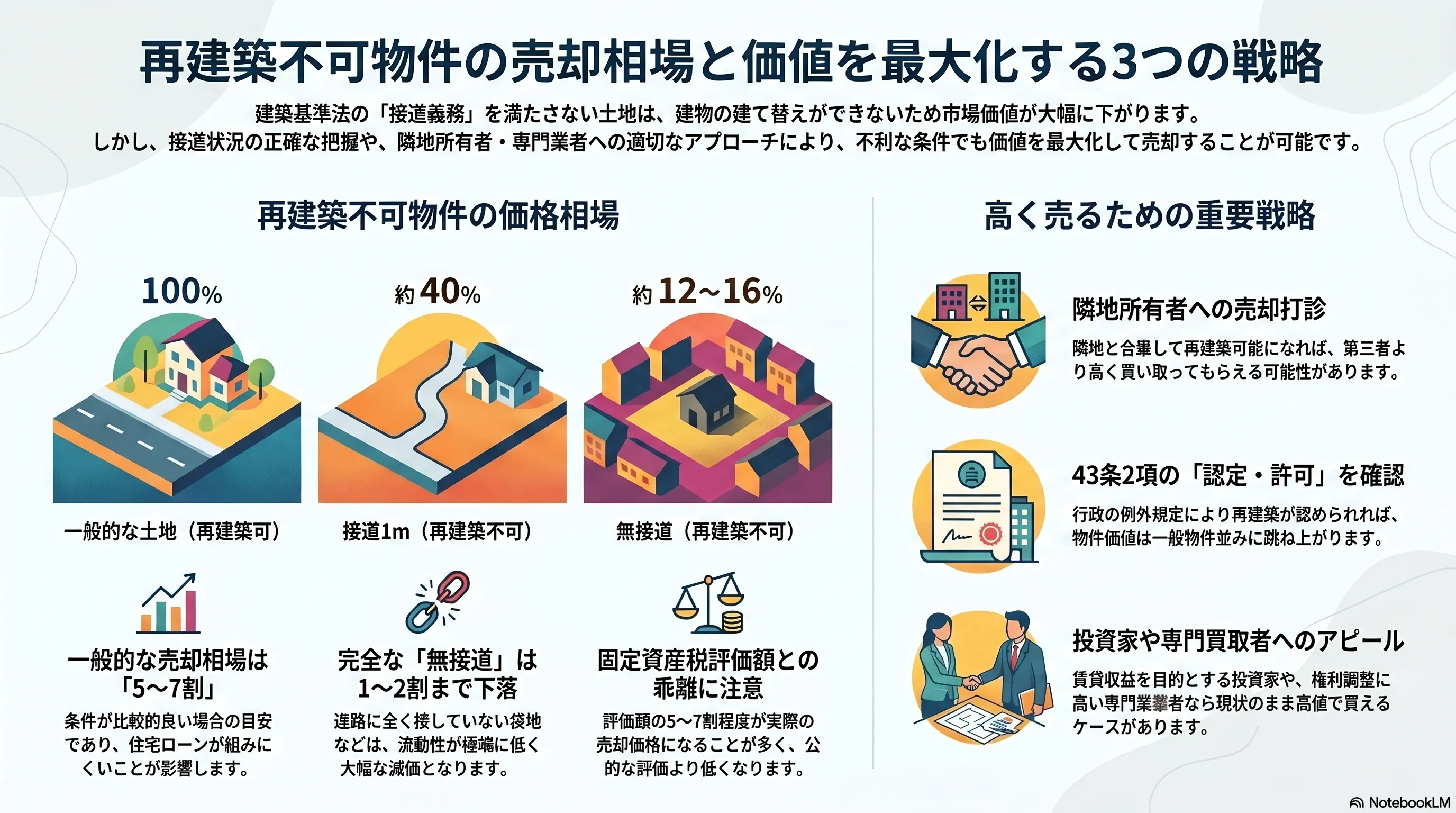 再建築不可物件の売却相場と価値を最大化する3つの戦略：価格相場（一般100%／接道1m約40%／無接道約12〜16%）と、隣地所有者への売却打診・43条2項の認定/許可・投資家や専門買取業者へのアピールという主要戦略の整理