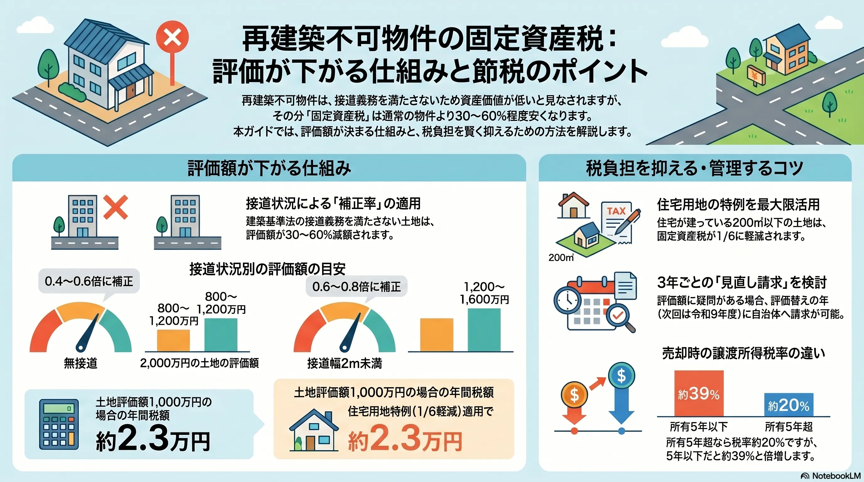 再建築不可物件の固定資産税：評価が下がる仕組みと節税のポイント。評価が下がる仕組みとして、接道状況に応じた補正率により評価額が通常の30〜60%程度に減額される。接道状況別の評価額の目安は、無接道で補正0.4〜0.6（2,000万円の土地が800〜1,200万円）、接道2m未満で補正0.6〜0.8（1,200〜1,600万円）。土地評価額1,000万円の場合の年間税額は約2.3万円（住宅用地特例1/6適用）。税負担を抑え・管理するコツとして、住宅用地の特例（200㎡以下は固定資産税1/6）の最大限活用、3年ごとの評価額見直し請求の検討、売却時の譲渡所得税は所有5年超で約20%・5年以下で約39%という違いを整理