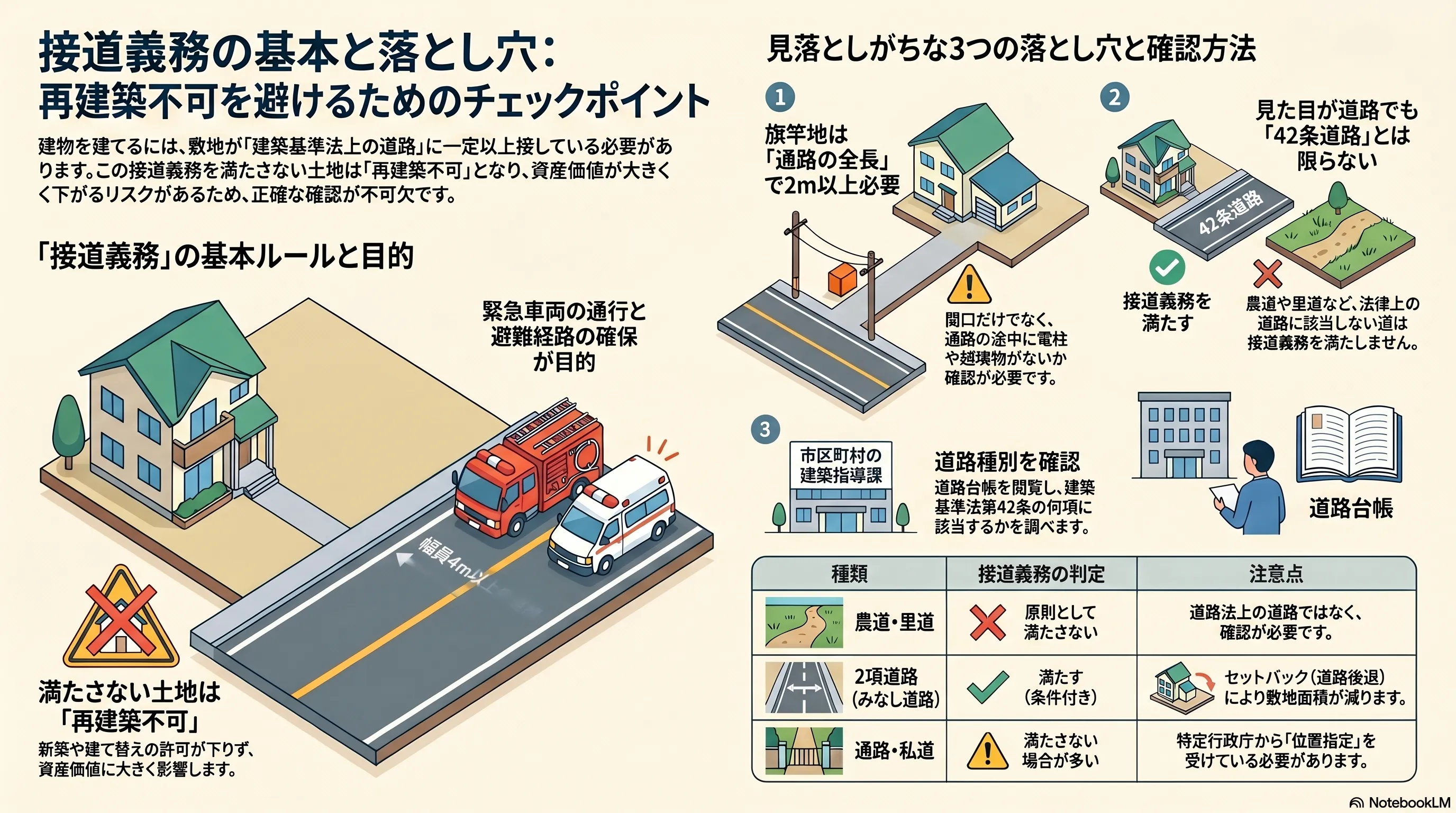 接道義務の基本と落とし穴：再建築不可を避けるためのチェックポイント。緊急車両の通行と避難経路の確保という接道義務の目的と、満たさない土地は再建築不可となり資産価値が下がるという基本ルール、旗竿地は通路の全長で2m以上必要・見た目が道路でも建築基準法42条道路とは限らない・道路種別を建築指導課や道路台帳で確認するという3つの落とし穴、農道や里道・2項道路（みなし道路、セットバックが必要）・通路や私道（位置指定の確認が必要）という道路種別ごとの接道義務の判定の整理