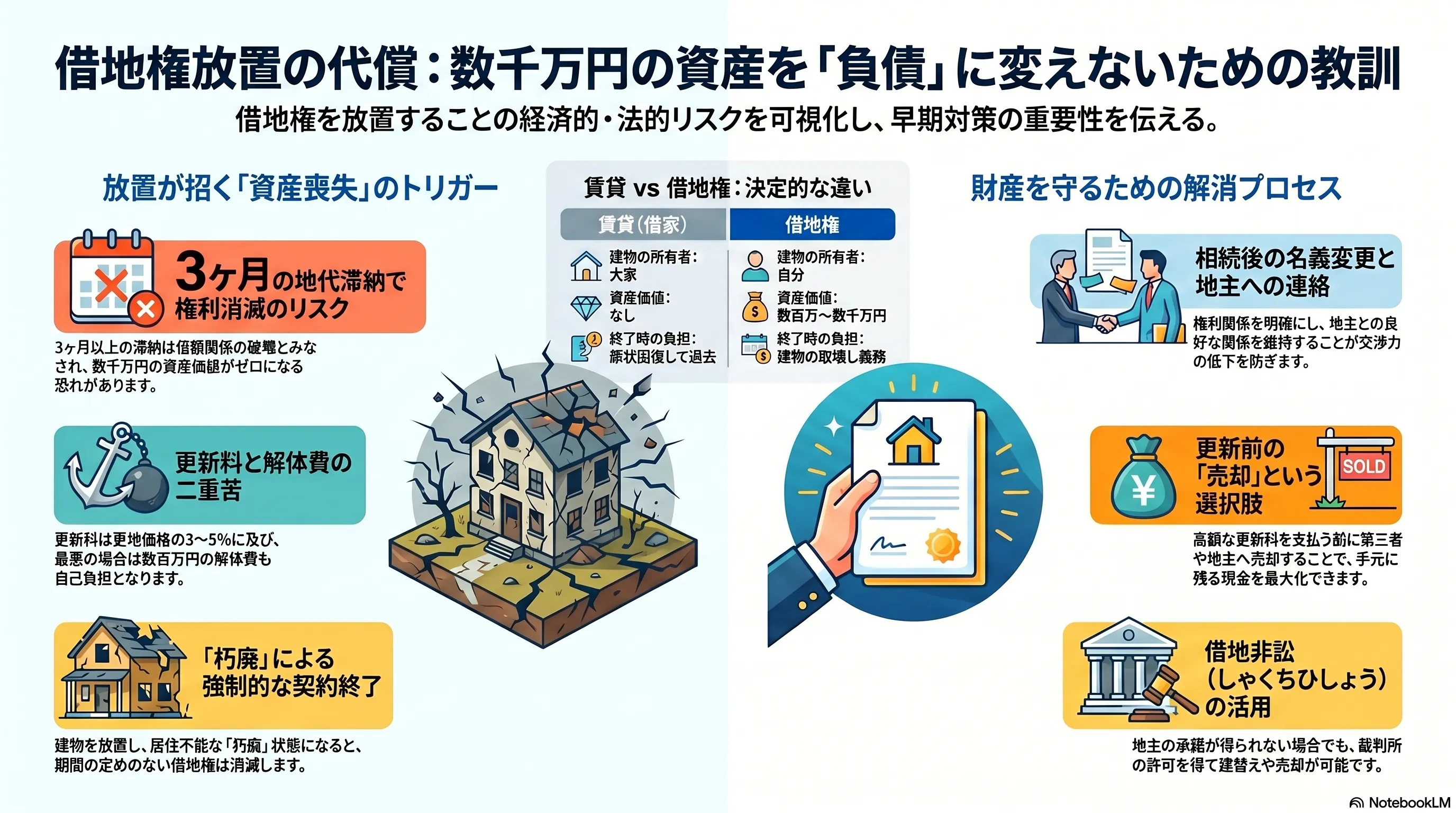 借地権放置のリスクと対策：地代滞納による契約解除、更新料一括請求、地代値上げ、朽廃による借地権消滅、相続時の名義未変更など放置で生じる主なリスクと、地主交渉・売却・買取業者活用などの対策の整理