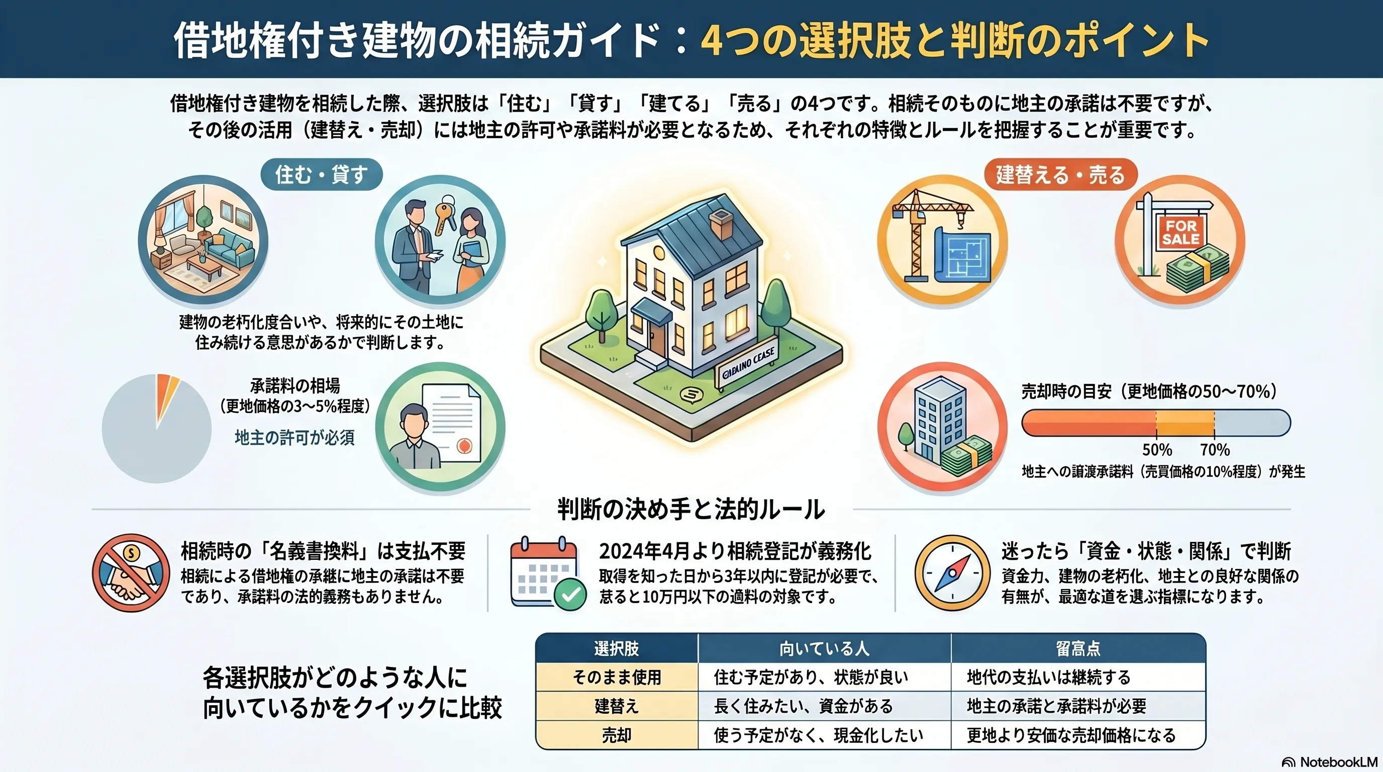 借地権付き建物の相続ガイド：4つの選択肢と判断のポイント。選択肢は「住む・貸す・建替える・売る」の4つで、相続そのものに地主の承諾は不要だが、建替え・売却には地主の許可や承諾が必要。建替えの承諾料の相場は更地価格の3〜5%、売却価格の目安は更地価格の50〜70%（地主への譲渡承諾料として売買価格の10%前後が発生）。判断の決め手と法的ルールとして、相続時の「名義書換料」は支払い不要、2024年4月の相続登記義務化で3年以内に登記しないと10万円以下の過料、迷ったら借地非訟など裁判所の手続きで道が開ける点、各選択肢が向いている人の比較を整理