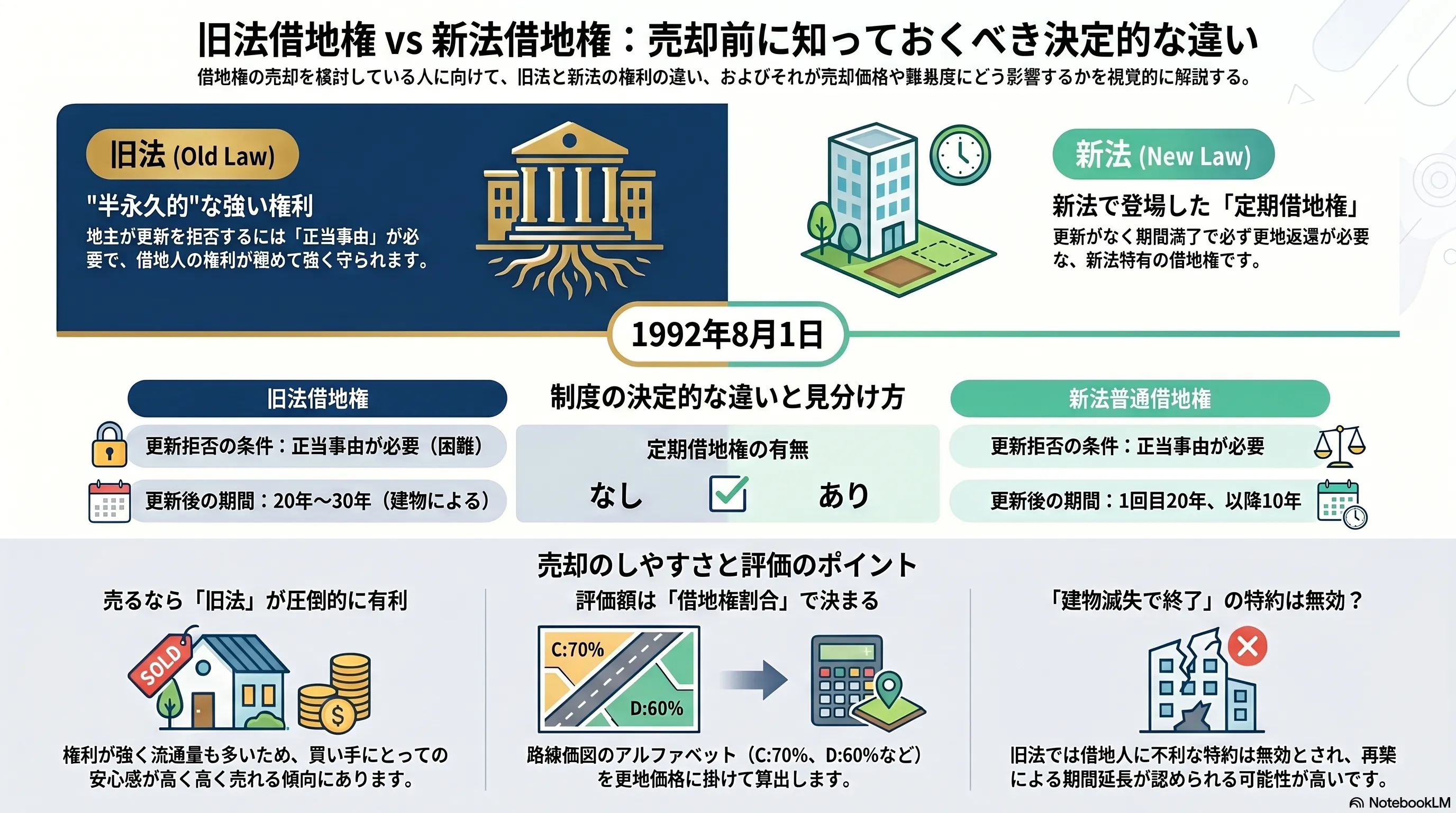 旧法借地権と新法借地権の売却前に知っておくべき決定的な違い：地主の更新拒否に正当事由を要し半永久的に守られる旧法借地権と、期間満了で更地返還が必要な定期借地権を含む新法借地権、1992年8月1日という境目、定期借地権の有無や更新後の期間（旧法20〜30年）という見分け方、売るなら流通量が多く買い手の安心感が高い旧法が有利・評価は借地権割合（C:70%・D:60%など）で決まる・建物滅失で終了の特約は無効という売却時のポイントの整理