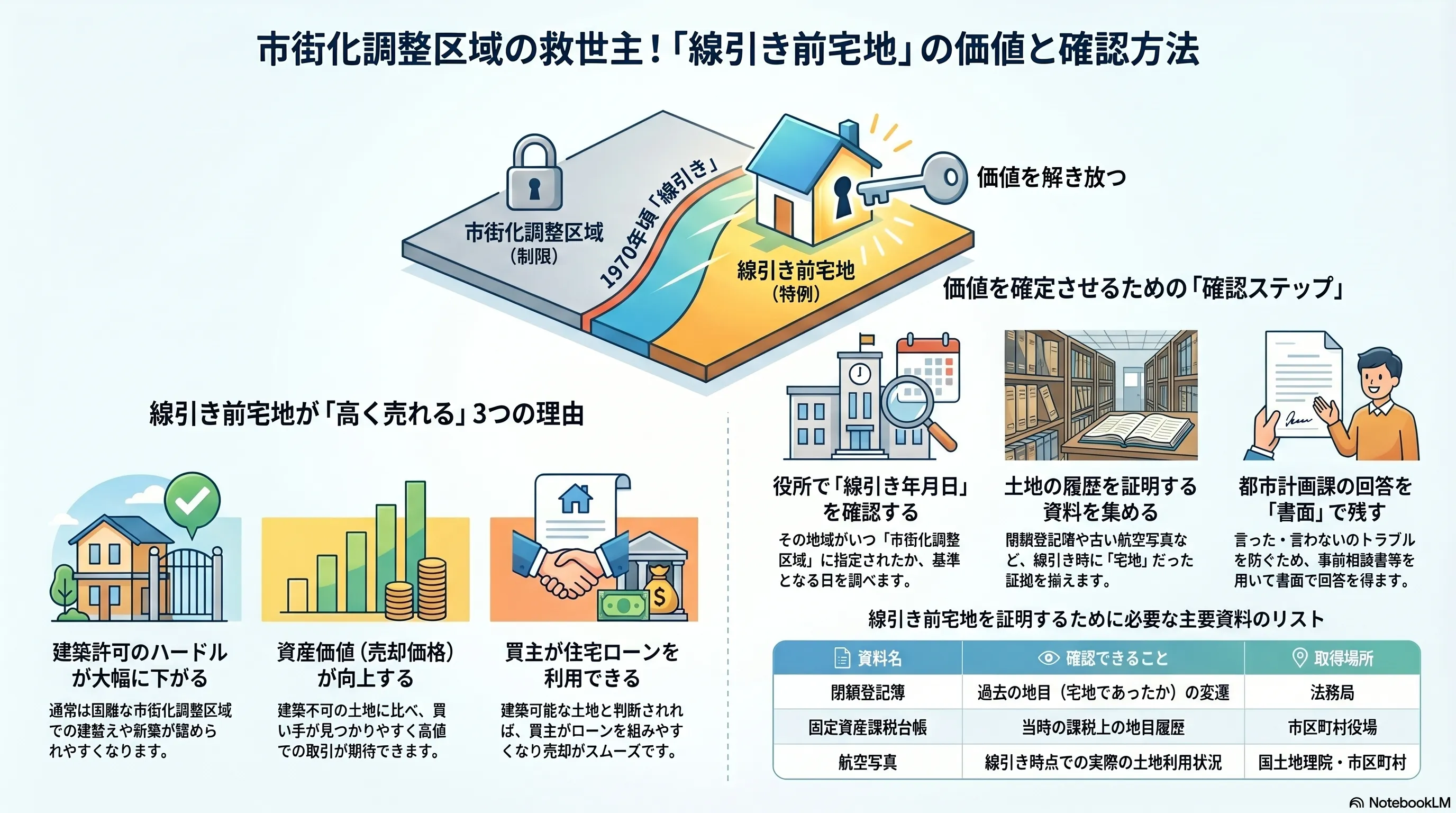市街化調整区域の救世主「線引き前宅地」の価値と確認方法：1970年代の線引き前から宅地だった土地は建築許可のハードルが大幅に下がり資産価値が上がり住宅ローンも利用しやすいという高く売れる3つの理由と、役所で線引き年月日を確認し閉鎖登記簿や航空写真で土地の履歴を証明し都市計画課の回答を書面で残すという確認ステップ、証明に必要な閉鎖登記簿・固定資産課税台帳・航空写真などの主要資料リストの整理