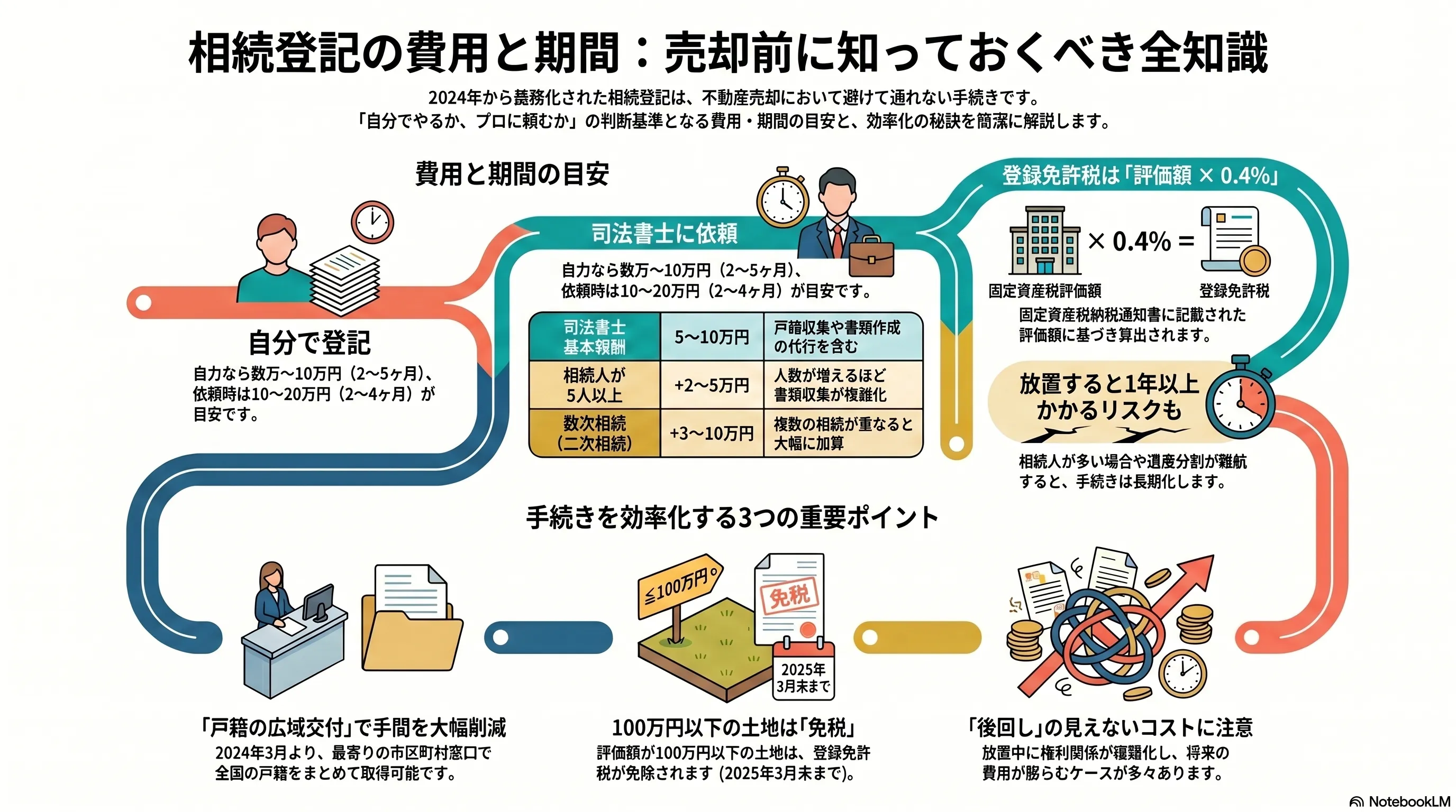 相続登記の費用と期間の全知識。費用と期間の目安は、自分で登記する場合が数万〜10万円・2〜5ヶ月、司法書士に依頼する場合が10〜20万円・2〜4ヶ月。登録免許税は固定資産評価額×0.4%で算出し、司法書士報酬は相続人が5人以上で+2〜5万円、数次相続（二次相続）が重なると+3〜10万円と加算される。放置すると権利関係が複雑化し1年以上かかるリスクも。手続きを効率化する3つのポイントとして、2024年3月開始の戸籍の広域交付で取得の手間を大幅削減、100万円以下の土地は2025年まで登録免許税が免除、「後回し」が将来の費用増という見えないコストになる注意点を整理