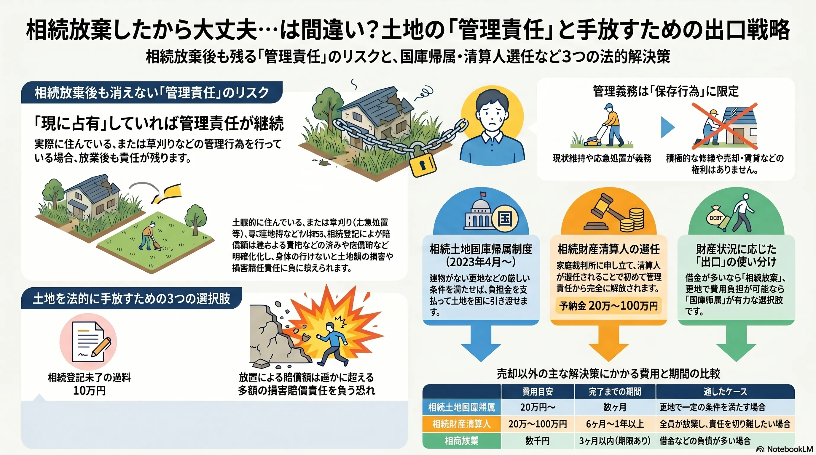 相続放棄したから大丈夫は間違い？土地の「管理責任」と手放すための出口戦略：相続放棄後も「現に占有」していれば管理責任が継続し、管理義務は現状維持や応急処置などの「保存行為」に限定されるという責任の範囲、相続土地国庫帰属制度（2023年4月〜・負担金20万円〜）・全員が放棄した場合に必要な相続財産清算人の選任（予納金20〜100万円）・借金が多いなら相続放棄という財産状況に応じた出口の使い分け、売却以外の主な解決策にかかる費用と期間の比較（国庫帰属は数ヶ月・清算人選任は6ヶ月〜1年以上・相続放棄は3ヶ月以内）の整理